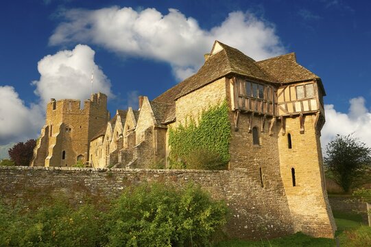The half timbered north tower built in the 1280s, the finest fortified medieval manor house in England, Stokesay Castle, Shropshire, England, United Kingdom