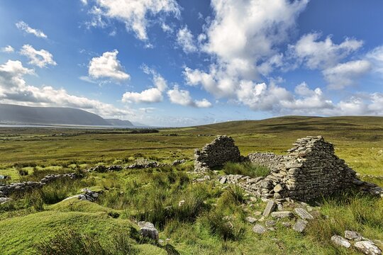 Ruin of a stone house, Cottage in a meadow, Deserted village near Slievemore, Acaill, Achill Island, Mayo, Ireland