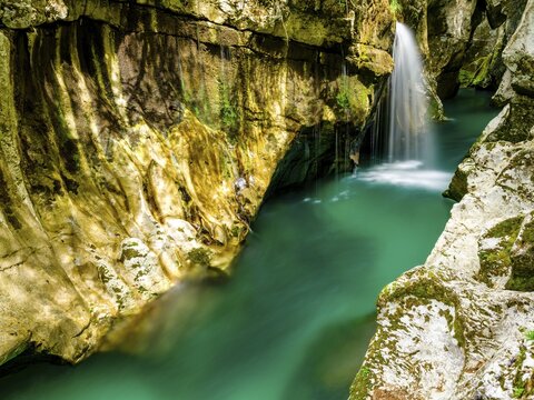 River Soca flows through narrow canyon, Soca Valley, Triglav National Park, Bovec, Slovenia