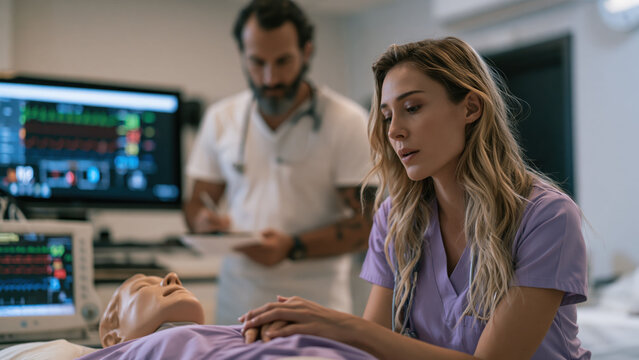 Students practice CPR on a high-fidelity medical mannequin in a healthcare training room during a simulation exercise