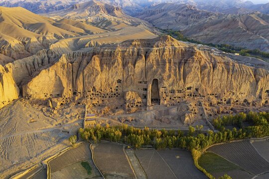 Aerial of the great buddhas in Bamyan, Afghanistan