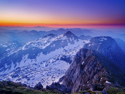 Dawn on the summit of Krn, 2. 244m, Triglav National Park, Julian Alps, Slovenia