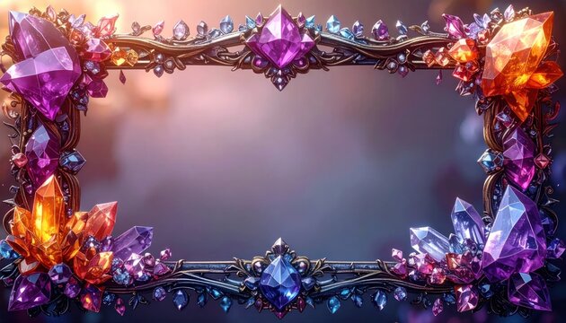 Ornate Gemstone Frame with Vibrant Crystals and Floral Accents.