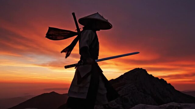 silhouette of a warrior carrying a long sword and wearing a woven bamboo hat	
