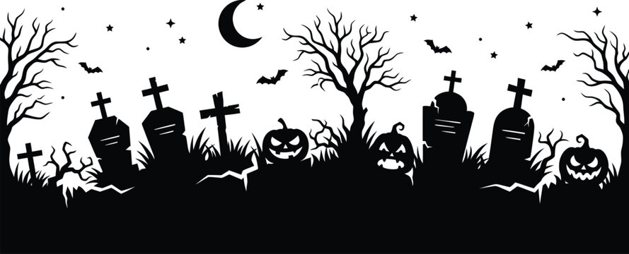 Black silhouette of a spooky halloween graveyard with tombstones and pumpkins isolated on white background