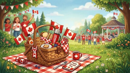 Fototapeta premium A delightful outdoor picnic scene filled with Canadian flags and celebratory decorations. A picnic basket overflowing with food and drinks sits on a red and white checkered blanket.