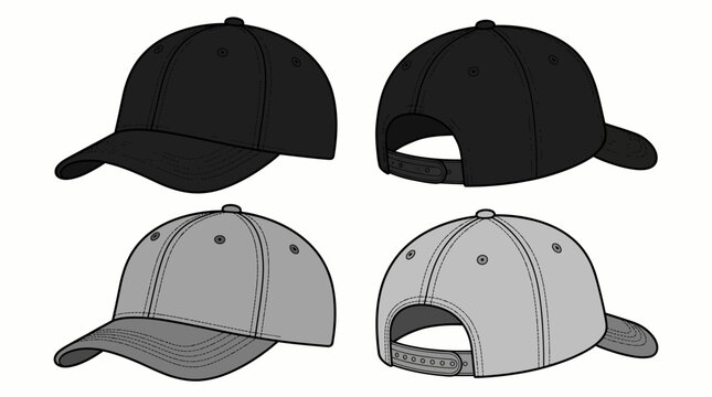 Versatile Baseball Caps Front and Back Views Vector Illustration Template for Apparel Design