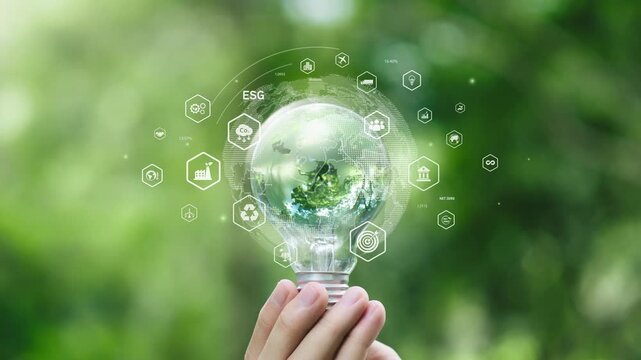 Green energy and renewable energy concept, environmental sustainability, eco friendly technology, global warming solution. Hand holding light bulb with green world globe inside on nature background.