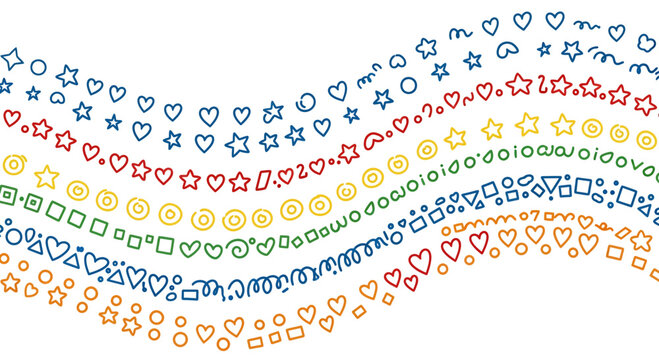 Colorful geometric shapes, icons, and symbols, rainbow pattern, decorative elements, vector graphics