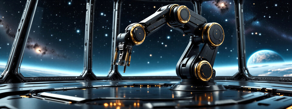 Futuristic robotic arm operating inside a hightech spacecraft with a cosmic outer space view