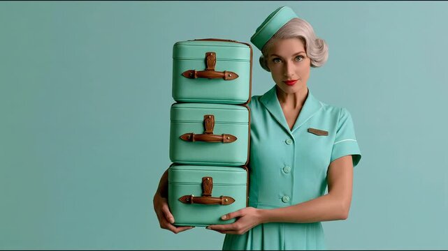Female flight attendant in mint green uniform holds three stacked vintage suitcases against a solid pastel background, showcasing a retro travel theme with a stylish presentation