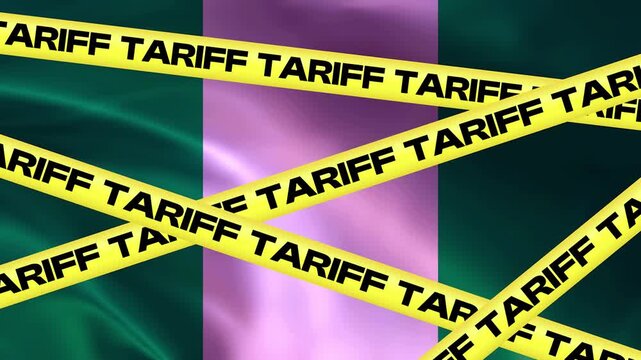 Tariff Barrier on Nigerian Flag: Yellow warning tape imprinted with the word TARIFF is stretched across the Nigerian flag, symbolizing economic restriction and trade challenges.