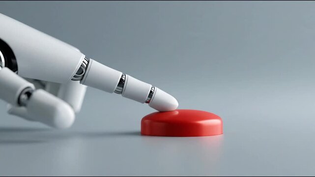 Robotic hand with articulated fingers approaches and touches a red button on a smooth surface, showcasing precise interaction in a modern technological setting