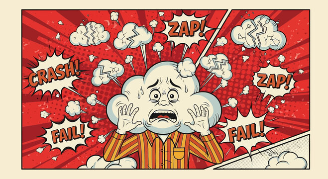 Anxious Cloud Character with Comic Book Sound Effects