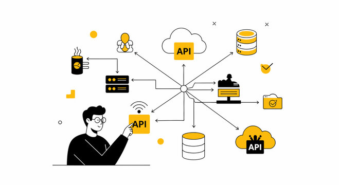 API Integration Concept, Network Connection, Data Flow, Technology Background