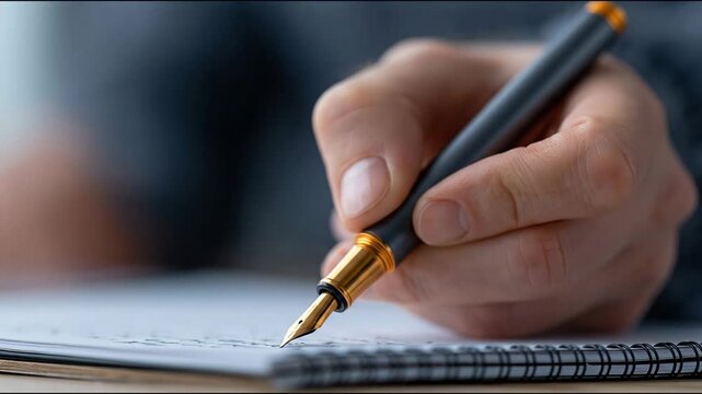 Close-up of hand holding a fountain pen, writing on a spiral notebook, showcasing ink flow and detailed pen design in a softly lit indoor setting