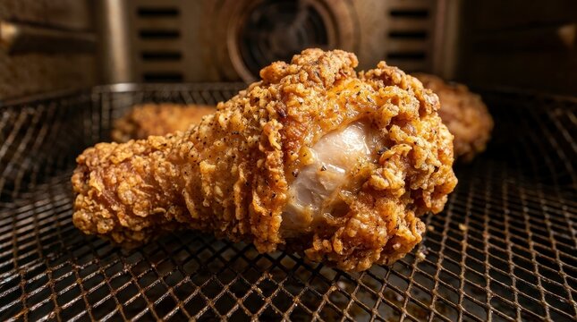 Close-up of Crispy Fried Chicken Drumstick on a Metal Grill.
