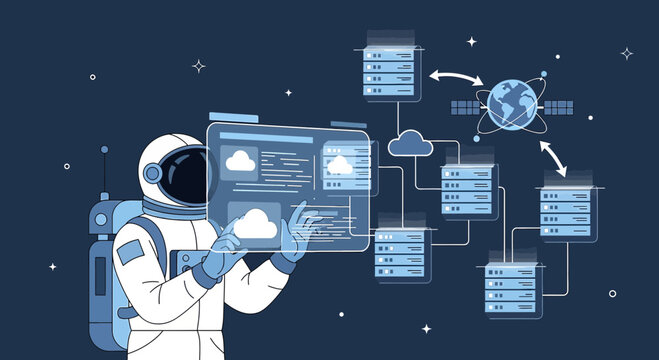 Astronaut managing orbital cloud data network in deep space illustration
