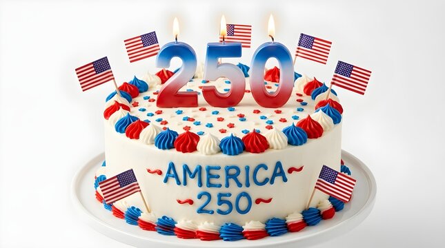 America 250th birthday cake with american flags and candles