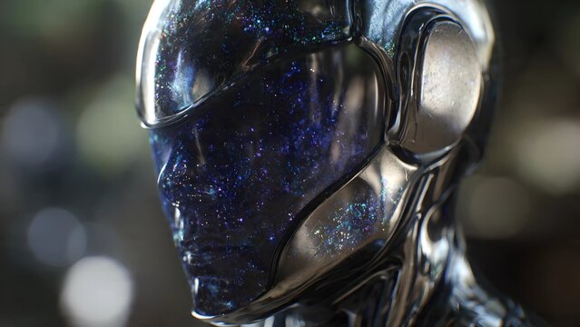 Close-up of a futuristic humanoid helmet crafted from polished obsidian, iridescent galaxy pattern shifting across the surface