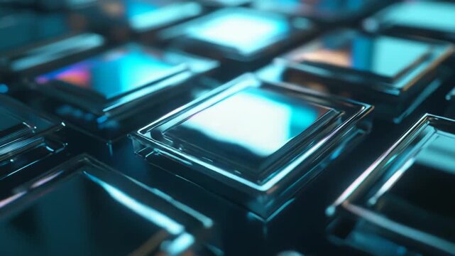 Futuristic microchips and hardware components illuminated by blue and orange digital light, creating an abstract grid pattern symbolizing advanced technology and artificial intelligence