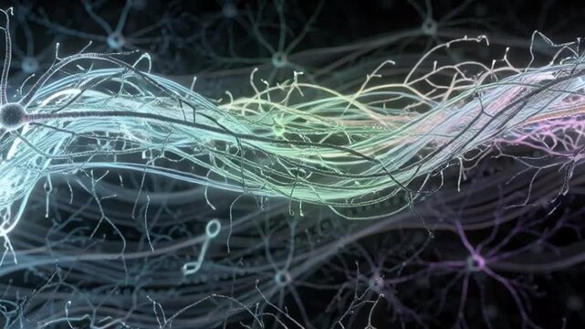 Abstract 3D animation of glowing neural network fibers pulsating with vibrant colors and light.