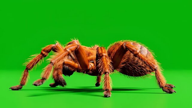 Closeup of a large hairy tarantula spider on a vibrant green background.