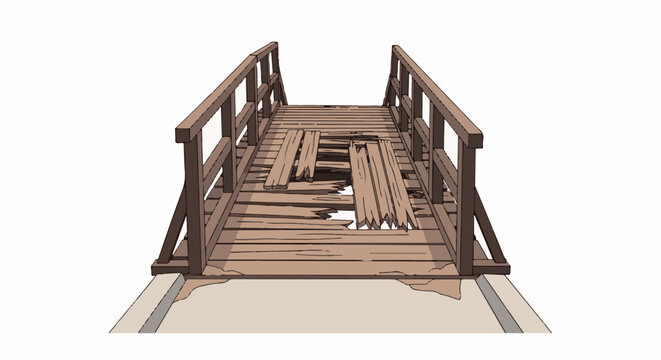 A broken wooden footbridge with missing and splintered planks