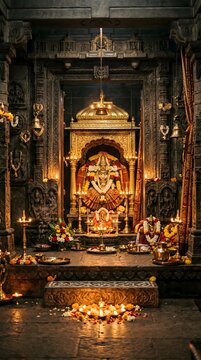 Sacred Hindu temple sanctum with goddess idol and lamps