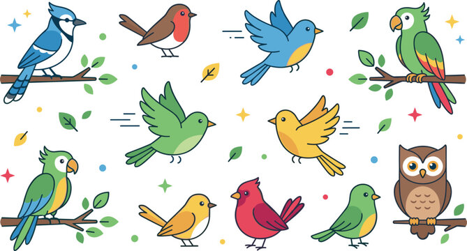 Cute Cartoon Birds Vector Illustration Big Set with Colorful Parrot Owl Robin Blue Jay and Cardinal Elements for Wildlife and Nature Designs