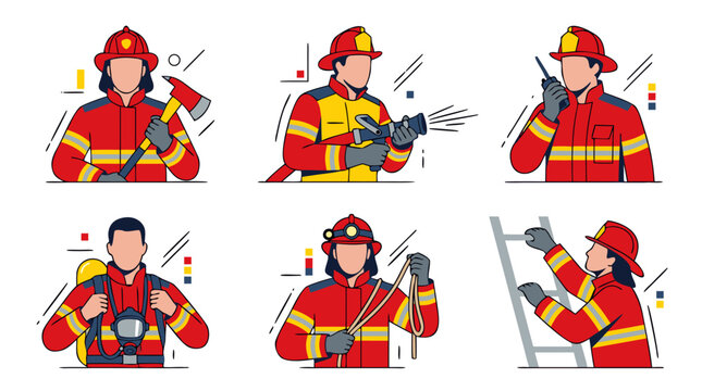 A versatile vector collection of modern firefighter icons, illustrating essential tools and brave professionals engaged in emergency response and public safety duties