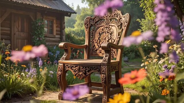 An ornate wooden chair sits in a beautiful garden with colorful flowers
