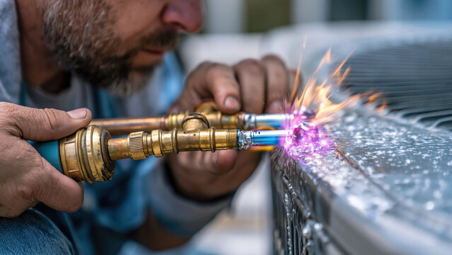 Technician performs brazing of refrigerant line in an outdoor setting during daylight hours