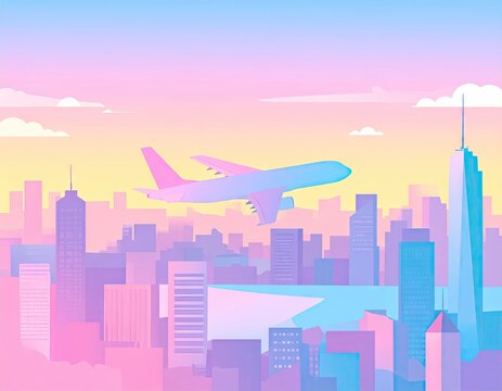 Airplane soaring above a vibrant cityscape during a sunset or sunrise, rendered in pastel colors with shades of pink, blue, and yellow, creating an ethereal and dreamy ambiance with a hint of modern.