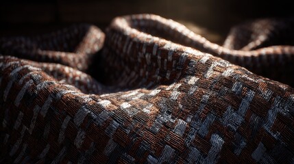 Obraz premium Richly textured woven textile features intricate basketweave pattern illuminated by dramatic lighting.