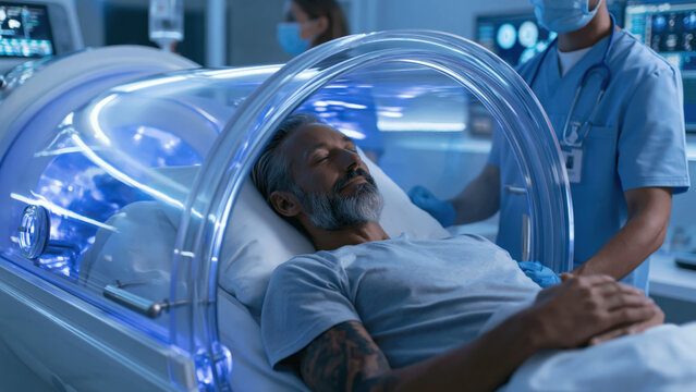 Patient receives hyperbaric oxygen therapy in a chamber with medical staff present and monitors displaying information in a clinical setting during daytime hours