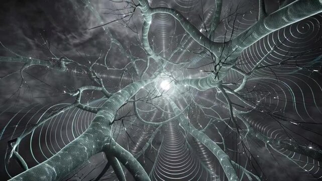 Abstract cinematic journey through a dark neural network with a central glowing light source.