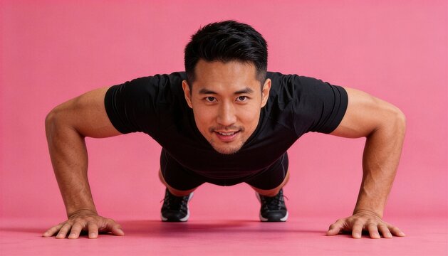 Side view of a determined Asian man doing push-ups during a workout on a pink background