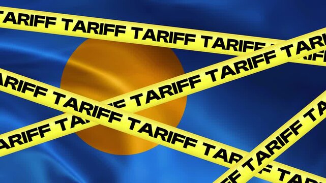 Tariff Barrier: Yellow warning tape emblazoned with the word TARIFF crisscrosses in front of a waving flag, symbolizing trade restrictions and economic challenges.