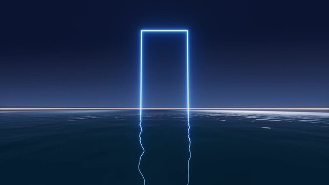 Neon blue rectangular portal with vibrant light reflecting on calm water, serene futuristic landscape.