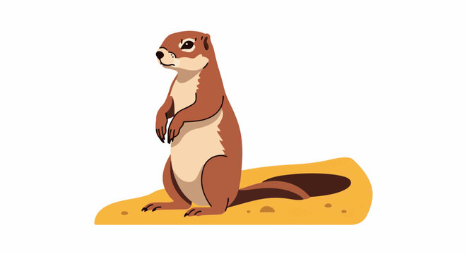 A brown prairie dog stands alert beside its burrow in the sand