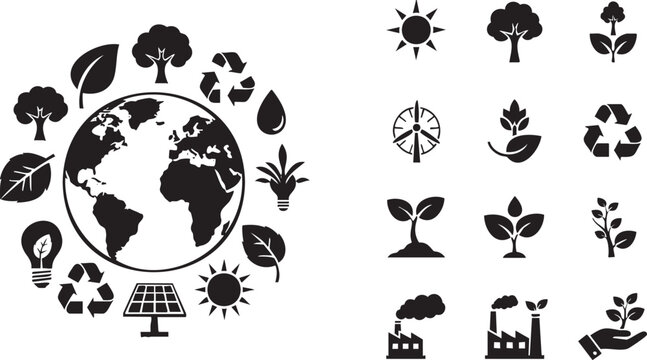 Earth globe surrounded by ecology and environmental sustainability msea set