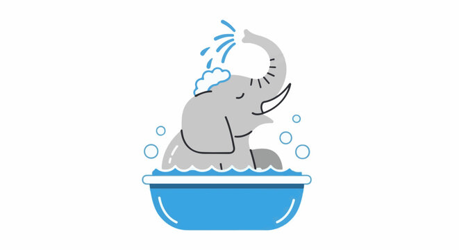 A cartoon elephant enjoys a bubbly bath, spraying water from its trunk