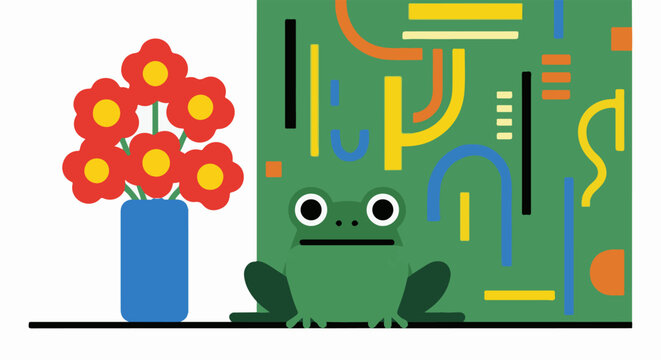 A cartoon frog sits before a colorful abstract background with a vase of flowers