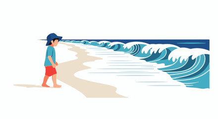 Naklejka premium A child in a blue hat and red shorts walks on a sandy beach