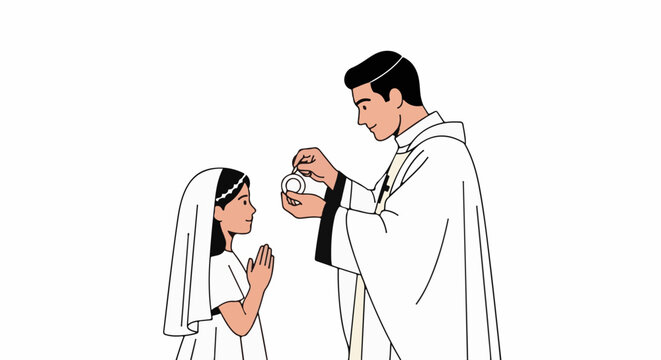 A child receives communion from a priest in this stylized illustration