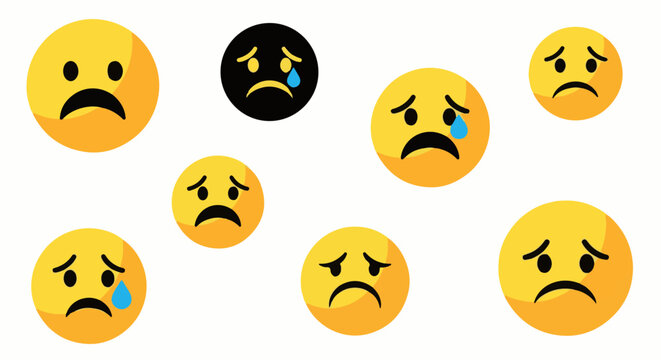 A collection of sad and crying smiley faces, some with tears