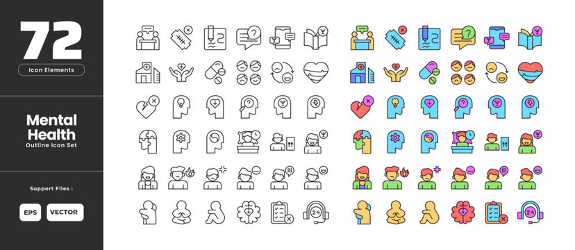 Mental Health Icon Set Collection - Outline Line Art Style. Containing Counseling, Self Harm Razor Blade, Prescription, Communication, Psychiatrist Application, Book, Clinic, Hand Care, Drug, Emotion