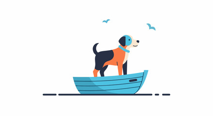 Obraz premium A colorful cartoon dog stands in a blue boat with two birds flying above