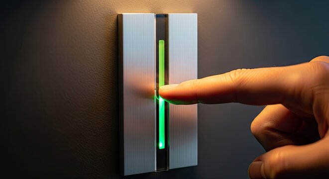 Finger pressing modern light switch with green illumination